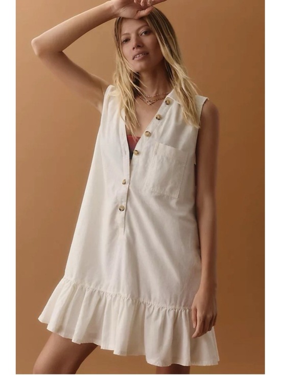 Anthropologie Dresses & Skirts - Anthropologie Pilcro Sleeveless V-Neck Linen Flounce Mini Dress XL Coastal Boho